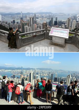 (190821) -- HONG KONG, 21 août 2019 -- une photo combinée prise le 20 août 2019 par Xinhua (UP) et le 6 janvier 2017 par Li Peng de Xinhua montre respectivement des touristes visitant le point pittoresque de Peak Hong Kong dans le sud de la Chine à Hong Kong. Alors que la violence prolongée continue de secouer Hong Kong, son industrie touristique s'est transformée en un hiver froid en raison des troubles. Au cours de la période juin-juillet, les revenus moyens des travailleurs du tourisme ont chuté de 74 pour cent, tandis que le nombre de visites à Hong Kong a chuté de 74 pour cent en moyenne, selon une enquête du Hong Kong Tour Guides General Union. CHINE-HONG KONG-TOURISME-IMPAC Banque D'Images