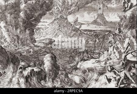Volcans et tempêtes, d'après une œuvre du 18e siècle de Romeyn de Hooghe. Plutôt que de se concentrer sur un incident particulier ou une situation géographique particulière, de Hooghe a créé un travail thématique démontrant le pire que la nature peut faire à l’homme : éruptions volcaniques, inondations, tempêtes, tremblements de terre Banque D'Images