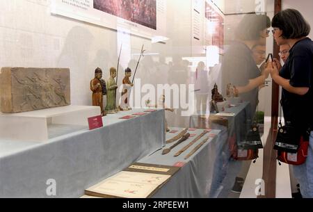 (190827) -- ZHENGZHOU, 27 août 2019 -- les visiteurs voient des expositions lors de l'exposition sur le patrimoine sportif chinois qui s'est tenue au Musée Zhengzhou à Zhengzhou, capitale de la province du Henan en Chine centrale, le 26 août 2019. Environ 175 expositions ont été exposées pendant l'exposition, qui a débuté ici lundi. ) CHINE-ZHENGZHOU-EXPOSITION-SPORTS CHINOIS ANCIENS (CN) LIXAN PUBLICATIONXNOTXINXCHN Banque D'Images