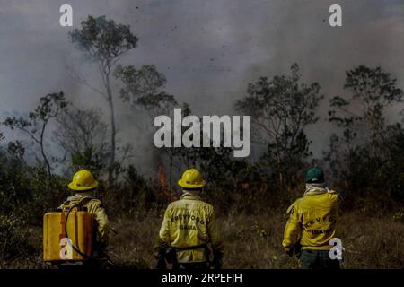 (190828) -- MANICORE, 28 août 2019 -- des travailleurs de l'Institut brésilien de l'environnement et des ressources naturelles renouvelables combattent un incendie à Manicore, dans l'État d'Amazonas, au Brésil, le 26 août 2019. BRAZIL OUT (Gabriela Biro/Agencia Estado/document via Xinhua) BRAZIL-MANICORE-AMAZON-FIRE AE PUBLICATIONxNOTxINxCHN Banque D'Images