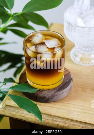 Bannière verticale de café Bumble avec fond de feuilles tropicales. Boisson au café tendance à base de jus d'orange, expresso, sirop de caramel et glaçons. Layere Banque D'Images