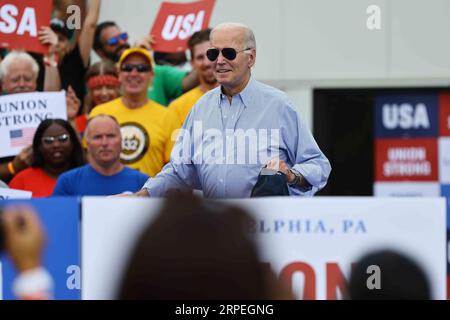 Philadelphie, États-Unis. 04 septembre 2023. Le président des États-Unis Joe Biden prononce une allocution à la section locale 19 des travailleurs de la tôlerie le lundi 4 septembre 2023 à Philadelphie, en Pennsylvanie. Photo de Saquan Stimpson/UPI crédit : UPI/Alamy Live News Banque D'Images