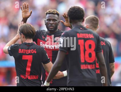 Leverkusen, Deutschland. 02 septembre 2023. Firo : 02.09.2023 1.Bundesliga première division saison 2023/24 Bayer 04 Leverkusen -Darmstadt 98 duels Victor Boniface Bayer crédit : dpa/Alamy Live News Banque D'Images