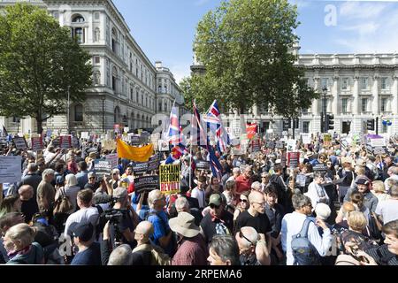 (190831) -- LONDRES, 31 août 2019 (Xinhua) -- des manifestants prennent part à une manifestation devant les chambres du Parlement à Londres, en Grande-Bretagne, le 31 août 2019. Samedi, des milliers de manifestants sont descendus dans les rues de Grande-Bretagne pour protester contre la décision du Premier ministre britannique Boris Johnson de suspendre le Parlement. (Photo de Ray Tang/Xinhua) GRANDE-BRETAGNE-LONDRES-MANIFESTATION-PARLEMENT-SUSPENSION PUBLICATIONxNOTxINxCHN Banque D'Images