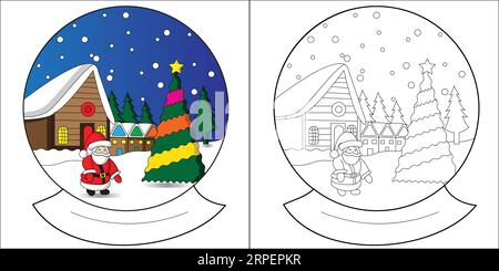 Coloriage de Noël d'une boule à neige avec le Père Noël. Des heures de plaisir pour les enfants. Très facile à colorier. Coloriage pour les enfants. Coloriage simple. Illustration de Vecteur