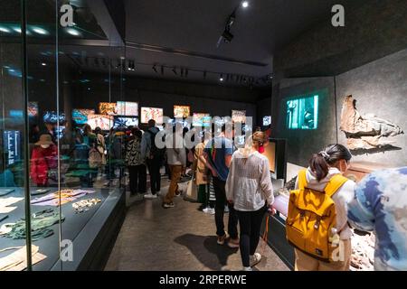 Vue intérieure, les gens regardant des expositions dans la salle d'exposition principale de reliques de personnes prises dans l'explosion de la bombe a dans le musée de la paix d'Hiroshima. Banque D'Images