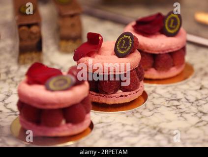 (190904) -- PARIS, 4 septembre 2019 -- une photo prise le 3 septembre 2019 montre des macarons dans un magasin de macarons français Laduree à Paris, France. Le macaron est une confiserie sucrée à base de meringue à base de blanc d’œuf, de sucre glace, de poudre d’amande et de vêtements alimentaires. C'était autrefois une nourriture aristocratique et un symbole de luxe dans l'histoire. Symbole du dessert français, Macaron est populaire auprès des gens partout dans le monde de nos jours. FRANCE-PARIS-MACARON GaoxJing PUBLICATIONxNOTxINxCHN Banque D'Images