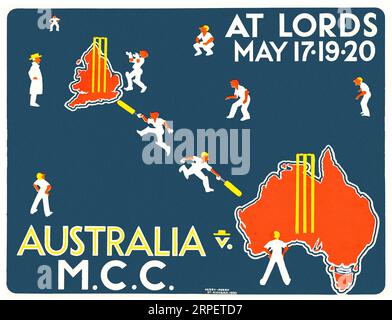 Affiche de cricket du MCC contre l'Australie en 1930 à Lords, Londres, Angleterre par l'artiste Herry Perry Banque D'Images