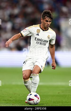 Brahim Diaz du Real Madrid CF en action lors du match de la Liga entre le Real Madrid CF et Getafe FC au stade Santiago Bernabeu le 3 septembre 2023 à Madrid Espagne . Banque D'Images