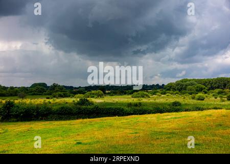 Nuages gris orageux au-dessus de la campagne plate près de Surlingham dans les Norfolk Broads dans East Anglia Angleterre Royaume-Uni. Banque D'Images