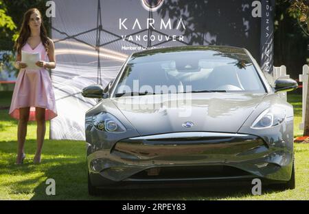 190906 -- VANCOUVER, le 6 septembre 2019 Xinhua -- Une Karma Revero GT est présentée lors de l'avant-première médiatique de la 10e émission annuelle Luxury and Super Weekend à Vancouver, Canada, le 6 septembre 2019. Le 10e week-end Luxe et Supercar est ouvert au public du 7 au 8 septembre, présentant des marques comme Rolls-Royce, Bugatti Veyron, etc Photo de Liang Sen/Xinhua CANADA-VANCOUVER-SPECTACLE DE LUXE ET DE SUPERVOITURES PUBLICATIONxNOTxINxCHN Banque D'Images