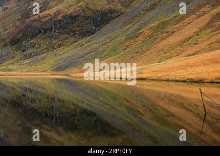 Motifs réfléchis dans Loch Achtriochtan, Glencoe, Lochaber, Highlands, Écosse, Royaume-Uni en hiver (novembre) Banque D'Images