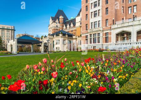 Parterres de fleurs printanières décoratives à l'hôtel Empress à Victoria, Île de Vancouver, Colombie-Britannique, Canada. Banque D'Images