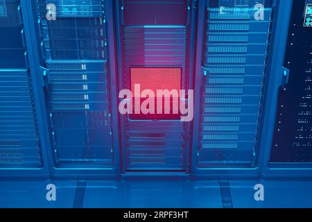 Avertissement sur l'écran rouge de l'ordinateur de commande principal. Danger pour la sécurité du code de la base de données réseau. Banque D'Images