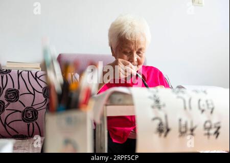 (190913) -- SUIHUA, 13 septembre 2019 -- Jiang Shumei pratique la calligraphie à la maison dans le district de Beilin de la ville de Suihua, province du Heilongjiang, au nord-est de la Chine, le 12 septembre 2019. Né en 1937, Jiang était analphabète avant l'âge de 60 ans. Pour soulager la détresse de Jiang après la mort de son mari en 1996 dans un accident de voiture, sa fille Zhang Mailing a enseigné à la femme âgée la lecture et l'écriture depuis lors. Avec les encouragements de sa fille, Jiang a essayé d écrire un livre. En 2013, le premier livre de Jiang a été publié. Jusqu'à présent, l'écrivain de 82 ans a publié cinq livres et remporté plusieurs prix. CHINA-HEILONGJI Banque D'Images