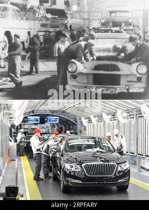 190919 -- PÉKIN, 19 septembre 2019 -- Haut : photo prise en 1958 montre l'ancienne China FAW Group Corporation à Changchun, dans la province de Jilin, au nord-est de la Chine. La première voiture de la marque emblématique Hongqi, ou drapeau rouge, a été fabriquée ici en 1958. En bas : photo prise le 9 avril 2019 par des techniciens qui vérifient les voitures Hongqi à l'usine d'assemblage du groupe FAW à Changchun. Il y a plus de six décennies, la Chine a établi son premier constructeur automobile dans la ville industrielle de Changchun, au nord-est du pays, alors que le pays commençait à renforcer son économie, et a dévoilé la première voiture de tourisme produite au pays en 1958 Banque D'Images