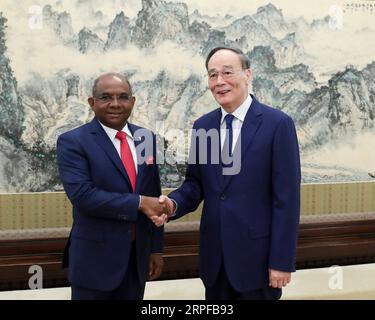 190919 -- BEIJING, le 19 septembre 2019 -- le vice-président chinois Wang Qishan rencontre le ministre maldivien des Affaires étrangères Abdulla Shahid à Beijing, capitale de la Chine, le 19 septembre 2019. CHINE-BEIJING-WANG QISHAN-MALDIVES PM-MEETING CN DINGXHAITAO PUBLICATIONXNOTXINXCHN Banque D'Images