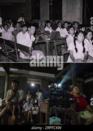 190921 -- PÉKIN, 21 septembre 2019 -- Haut : photo prise en 1967 par Wang Mingyi montre un projectionniste projetant un film dans le comté de Yudu, province du Jiangxi dans l'est de la Chine. En bas : photo prise le 2 juillet 2019 par Xie Pingguo 1st R, front, un projectionniste de cinéma qui a été consacré dans la carrière pendant 41 ans, projetant un film pour les villageois dans le village de Huzhou de la ville de Ji an dans le Jiangxi. Regarder un film était un grand événement dans les zones rurales il y a plusieurs décennies. Dans les jours du film, un projectionniste devait transporter un ensemble d'équipements pesant plus de 50 kilogrammes, y compris générateur électrique, projection M. Banque D'Images