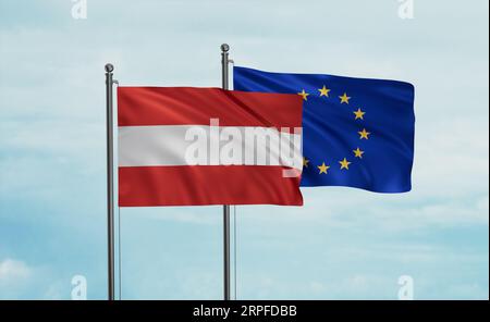 Drapeau de l'Union européenne et de l'Autriche agitant ensemble dans le vent sur le ciel bleu, concept de coopération entre deux pays Banque D'Images