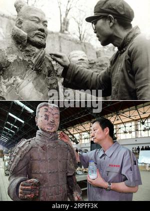 190923 -- PÉKIN, 23 septembre 2019 -- Haut : photo prise en 1974 et fournie par le musée du site du mausolée de l'empereur Qinshihuang montre Yuan Zhongyi, alors chef d'une équipe archéologique, nettoyant un guerrier en terre cuite sur le site de fouilles à Xi an, capitale de la province du Shaanxi du nord-ouest de la Chine. En bas : photo prise le 4 juillet 2019 par montre LAN Desheng, restaurateur de reliques culturelles au musée du site du mausolée de l'empereur Qinshihuang, consolidant la couleur d'un guerrier en terre cuite après restauration à Xi an. Le mausolée de l'empereur Qinshihuang et les guerriers en terre cuite ont été inclus dans le patrimoine mondial l Banque D'Images