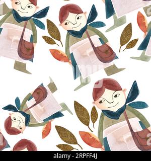 Patern sans couture aquarelle avec gnomes d'automne . Papier d'emballage saisonnier. Chute. Illustration raster pour emballages, revêtements muraux, papier d'emballage, textile. Banque D'Images