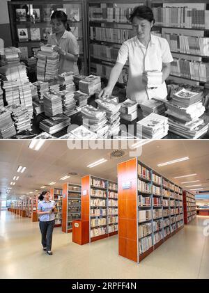 190923 -- PÉKIN, 23 septembre 2019 -- Haut : photo de dossier prise en 1979 par Zhang Shenming montre des membres du personnel triant des livres pour enfants à la bibliothèque pour enfants de Wuhan à Wuhan, capitale de la province du Hubei en Chine centrale. En bas : photo prise le 21 juin 2019 par montre He Jing, un membre du personnel de la bibliothèque provinciale du Hubei, inspectant la bibliothèque de Wuhan. Quand j'ai commencé à travailler à la bibliothèque, mes collègues ont dû étiqueter chaque livre avec une carte, par laquelle les lecteurs pouvaient trouver les livres qu'ils voulaient. En revanche, les lecteurs peuvent maintenant vérifier les livres via des installations en libre-service, a-t-il dit. Le développement de la bibliothèque numérique non o Banque D'Images