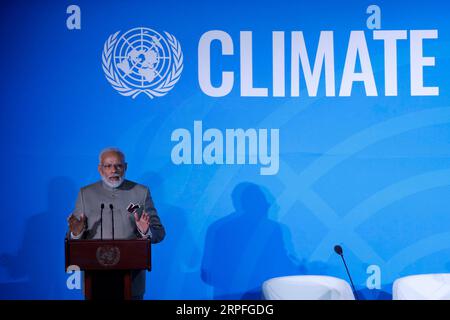 190924 -- NATIONS UNIES, le 24 septembre 2019 -- le Premier ministre indien Narendra Modi s'adresse au Sommet de l'ONU sur l'action pour le climat au siège de l'ONU à New York, le 23 septembre 2019. SOMMET ONU-ACTION CLIMATIQUE LixMuzi PUBLICATIONxNOTxINxCHN Banque D'Images