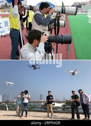 190925 -- PÉKIN, 25 septembre 2019 Xinhua -- Haut : photo de fichier prise en 1997 par Jiao Weiping montre des photographes prenant des photos avec des appareils photo et un téléobjectif lors d'un match de hockey aux 8e Jeux nationaux chinois qui se sont tenus à Shanghai dans l'est de la Chine. En bas : photo de fichier prise le 11 août 2017 montre des photographes avec des drones Xinhua volant au Centre olympique de voile à Qingdao, province de Shandong dans l est de la Chine. En 1949, lorsque la République populaire de Chine a été fondée, le peuple chinois a fait face à un pays dévasté qui devait être reconstruit à partir de zéro après des décennies de guerre et de chaos. Après une décennie Banque D'Images