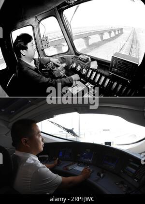 190926 -- PÉKIN, 26 septembre 2019 -- Haut : photo prise en 1996 par Wu Chunzhan montre mi Fugang au volant d'un train sur le chemin de fer Lanzhou-Xinjiang. En bas : photo prise le 28 juin 2019 par montre Niu Ben conduisant le train à grande vitesse CRH380B loin de la gare de Lanzhou Ouest à Lanzhou, province du Gansu au nord-ouest de la Chine. Dans le passé, les conducteurs de train devaient appeler la gare pour confirmer la voie et les signaux d'arrivée, et faire attention aux feux de signalisation par eux-mêmes. Aujourd'hui, ces tâches ont été remplacées par un système d'acquisition automatique de signaux. La commande mécanisée dans la cabine du train a été remplacée par DIGIT Banque D'Images