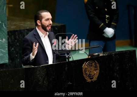 190926 -- NATIONS UNIES, 26 septembre 2019 -- le président du Salvador, Nayib Bukele, prononce un discours lors du débat général de la 74e session de l'Assemblée générale des Nations Unies au siège de l'ONU à New York, le 26 septembre 2019. ONU-ASSEMBLÉE GÉNÉRALE-DÉBAT GÉNÉRAL LixMuzi PUBLICATIONxNOTxINxCHN Banque D'Images