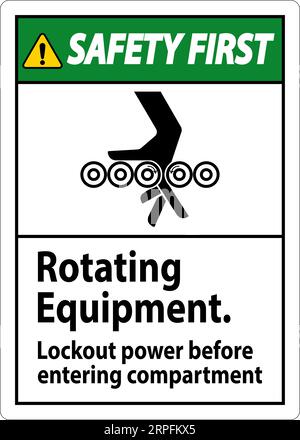 Première mise en garde, équipement rotatif, verrouillage de l'alimentation avant d'entrer dans le compartiment Illustration de Vecteur