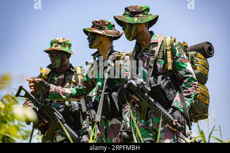 Puslatpur, Indonésie. 04 septembre 2023. Marines indonésiens pendant l'entraînement sur le terrain de la jungle à l'exercice Super Garuda Shield 2023, le 4 septembre 2023 à Puslatpur, Indonésie. Crédit : SFC Asitn Berner/US Army/Alamy Live News Banque D'Images