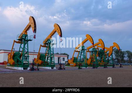 190930 -- DAQING, 30 septembre 2019 -- une photo prise le 28 septembre 2019 montre les installations de Daqing Oilfield à Daqing, dans la province du Heilongjiang du nord-est de la Chine. Le champ pétrolifère de Daqing, découvert le 26 septembre 1959, est le plus grand champ pétrolifère géré par PetroChina et aussi la plus grande base de production pétrolière du pays. Le champ pétrolifère, qui représentait autrefois plus de la moitié de la production totale de brut de la Chine, avait une production annuelle de brut de plus de 50 millions de tonnes pendant 27 années consécutives et de plus de 40 millions de tonnes pendant 12 années consécutives. Sa production annuelle de pétrole brut et de gaz reste toujours supérieure à 40 millions de tonnes d'équivalent pétrole, avec p Banque D'Images