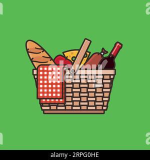 Panier de pique-nique rempli de couverture, bouteille de vin, pain, fromage, pomme et illustration vectorielle de saucisse pour la journée de pique-nique le 18 juin Illustration de Vecteur