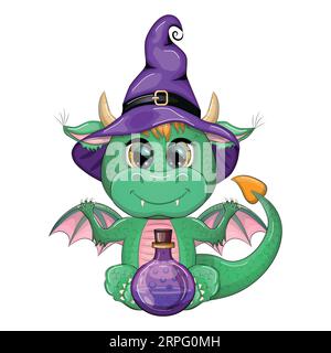 Mignon dragon vert de dessin animé dans un chapeau magique violet, Halloween. Citrouille, potion, balai. Symbole de 2024 selon le calendrier chinois. Reptile mythique Illustration de Vecteur