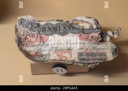 Des notes en roupie nouvellement imprimées du SS Shirala coulé exposées au Newhaven Museum, Newhaven, East Sussex, Royaume-Uni. Banque D'Images