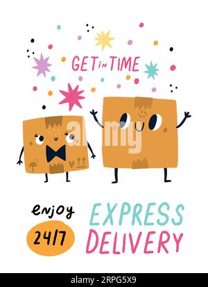 Affiche de la boîte de livraison. Récipients en carton. Personnage de dessin animé avec visage heureux. Transport de marchandises. Entreprise d'expédition express. Mascotte de colis en carton Illustration de Vecteur