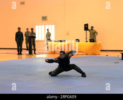 191003 -- GOVERNORATE DE FARWANIYA KOWEÏT, 3 octobre 2019 -- Un membre du groupe de formation de la Force de police armée populaire chinoise CAPF exécute du Kung Fu chinois lors d'une cérémonie de remise des diplômes de la formation militaire pour la Garde nationale du Koweït KNG dans un camp militaire du gouvernorat de Farwaniya, Koweït, le 3 octobre 2019. Au cours du mois dernier, sept officiers de la Force de police armée du peuple chinois, la CAPF, ont formé des soldats de la Garde nationale du Koweït au tir et aux tactiques de combat. POUR ALLER AVEC Feature : le chinois Kung Fu ouvre un nouveau chapitre pour les échanges militaires Chine-Koweït Koweït GOUVERNORAT-FARWANIYA-CHINE-CAPF-KNG-MILITA Banque D'Images