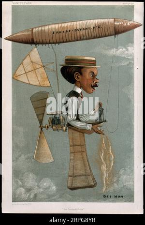 Alberto Santos-Dumont, 1873 – 1932, aéronautique et aviateur brésilien avec un dirigeable attaché à sa tête et une hélice attachée au dos, lithographie couleur d'après Geo Hum 1901 Banque D'Images