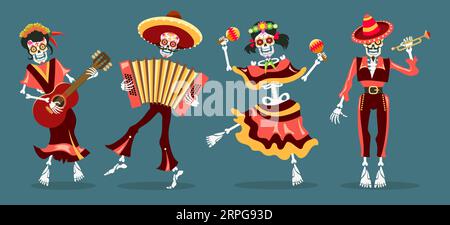 Des squelettes de mariachi dansants Illustration de Vecteur