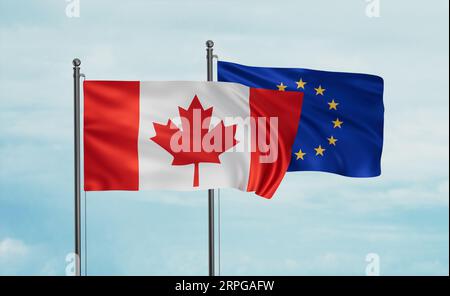 Drapeau de l'Union européenne et du Canada agitant ensemble dans le vent sur le ciel bleu, concept de coopération entre deux pays Banque D'Images