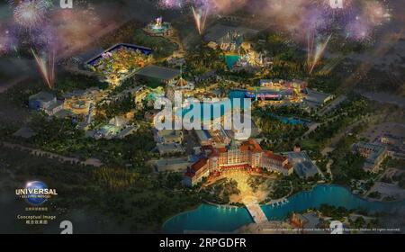 191012 -- BEIJING, 12 octobre 2019 -- Une image conceptuelle montre le parc à thème de Beijing de Universal Beijing Resort. Universal Beijing Resort a annoncé samedi que son parc à thème de Pékin comptera sept terrains à thème. Les sept terres sont Kung Fu Panda Land of Awesomeness, Transformers : Metrobase, Minion Land, The Wizarding World of Harry Potter, Jurassic World Isla Nublar, Hollywood et Waterworld. Chaque terrain contiendra un mélange d'attractions, de spectacles, de boutiques et de restaurants, selon la station. Universal Beijing Resort/Handout via Xinhua CHINA-UNIVERSAL STUDIOS BEIJING-THEME LAND-ANNOUNCEMEN Banque D'Images