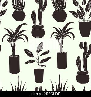 Modèle plat de plante d'intérieur. Silhouettes motif sans couture de décor maison plantes de jardin d'intérieur. Plantes de maison noires et blanches dans le doodle de contour de pot de fleur Illustration de Vecteur