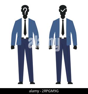 Homme anonyme, inconnu utilisateur sans visage, incognito homme d'affaires avec question et coche sur le visage. Avatar de profil d'homme d'affaires. Corps humain. Dessin animé Illustration de Vecteur