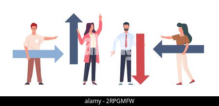 Ensemble d'hommes et de femmes avec de grandes flèches dans leurs mains montrant des directions différentes. Symbole de navigation. Les gens d'affaires ensemble, de diverses façons. Dessin animé Illustration de Vecteur