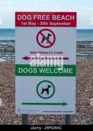 Signes « Dog Free Beach » et « Dogs Welcome » indiquant la limite entre les deux sur Worthing Beach, West Sussex, Royaume-Uni. Banque D'Images