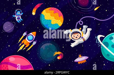 Astronaute enfant de dessin animé, extraterrestre, ovni et vaisseau spatial de fusée au paysage de galaxie étoilée. Vecteur bébé garçon spatial Voyage dans l'espace. Cosmonaute drôle flottent en apesanteur dans le monde céleste fantastique Illustration de Vecteur