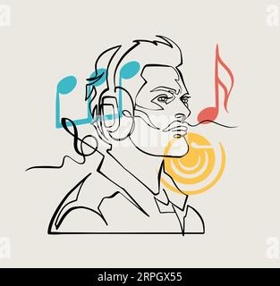 Homme avec casque écoutant de la musique dans la vue profil, ligne continue Illustration de Vecteur