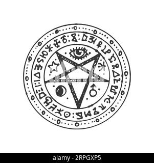 Cercle magique esquisse de pentagramme isolé amulette mystique talisman. Vecteur étoile satanique, alchimie, sorcellerie et maçonnerie, signe mystique Illustration de Vecteur