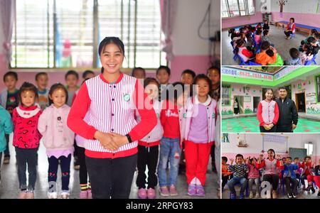 191024 -- RONG AN, 24 octobre 2019 -- la photo combinée montre Yang Meiliu, instituteur de maternelle de 21 ans, posant pour une image principale dans la mise en page et des images plus petites du travail et de la vie de Yang dans la colonne de droite, dans le canton de Banlan, comté de Rong an, région autonome Guangxi Zhuang du sud-ouest de la Chine, le 23 octobre 2019. Le petit ami de Yang, Yang Zhixian, travaille dans le canton de Banlan depuis sept ans. Elle l'a rejoint pour travailler comme enseignante de maternelle après avoir obtenu son diplôme universitaire cette année. Cerné dans une zone montagneuse où la désertification pierreuse tient le cap, le comté de Rong an dans le sud-ouest de la Chine a été Banque D'Images